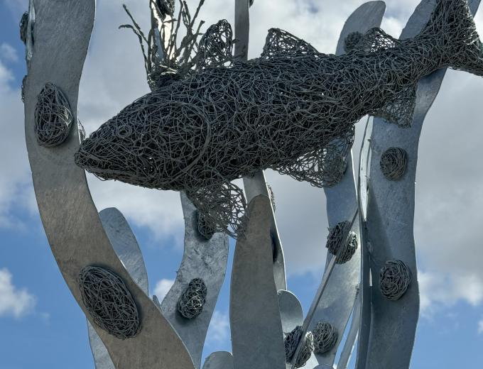 Close up of the woven fish on top of the seagrass sculpture