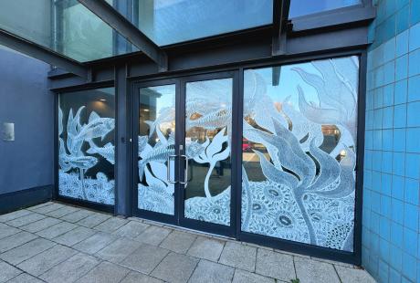 Jessica Eggers artwork on the Business Centre Reception windows