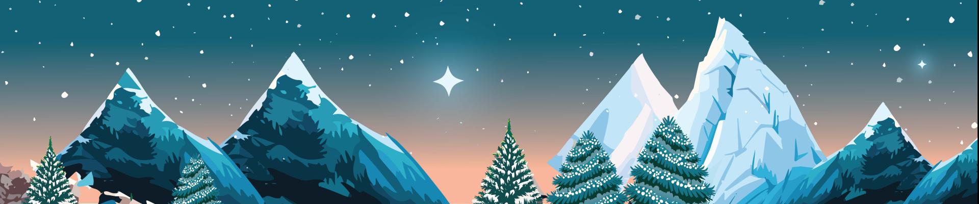 A wintery dusk scene with a starry sunset sky and snowy mountainscape