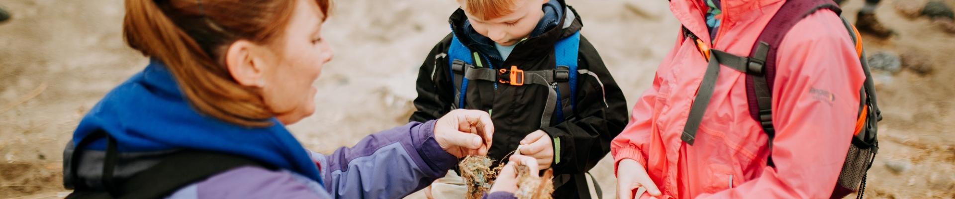 Family taking part in a shark egg case hunt.